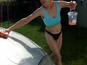 SEXY!!! Washing Car In A Black Thong And Blue Sports Bra...Look At My Body!