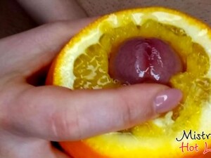 Close Up Yummy Foodjob And Ruined Orgasm From Mistress Hot Lips. Dessert With Cum And Orange Juice.