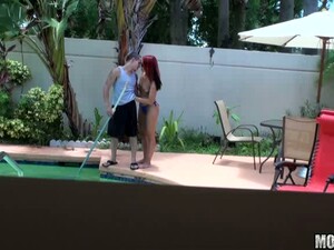Redhead Slut With Small Tits Enjoys In Outdoor Fucking By The Pool
