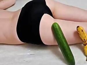 Hot Girl Is Getting Various Fruits And Vegetables Inside Her Pussy, Because It Feels So Fucking Good