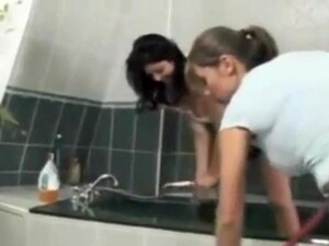Gorgeous Babes Are Having Fun Together With A Neighbor In The Bathroom