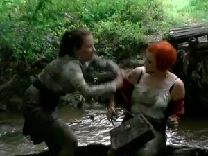 Two Hot Redhead And Brunette Bitches Have A Catfight In Mud